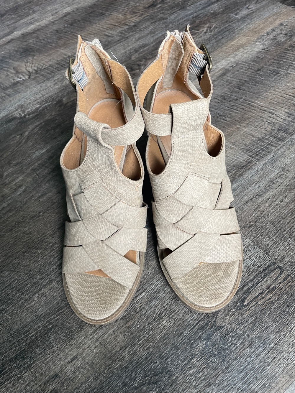 Beige Block Heel Strappy Sandals